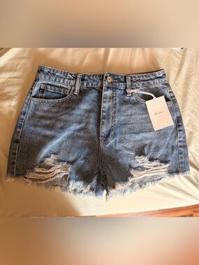 KanCan Distressed High-Rise Denim Shorts - Blue